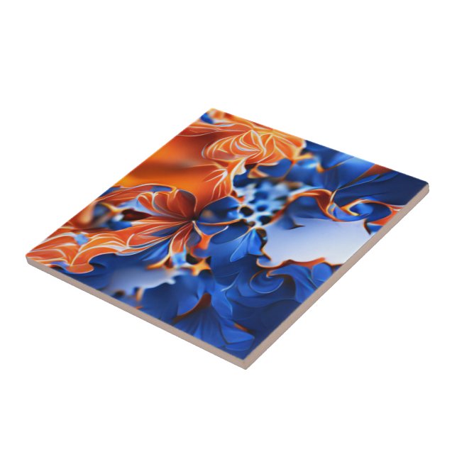 Orange and Blue Floral Fractal Tile (Side)