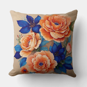 Orange and Blue Floral Throw Pillow