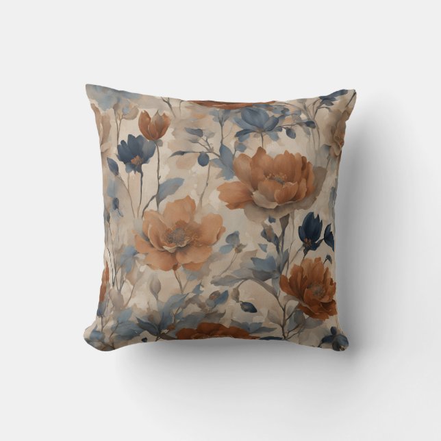 Orange and Blue Floral Throw Pillow (Front)