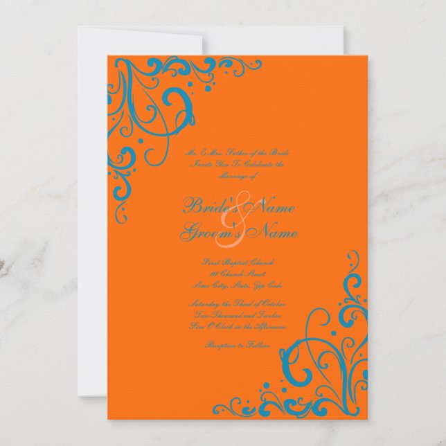 Orange and Blue Flourish Wedding Invitation (Front)