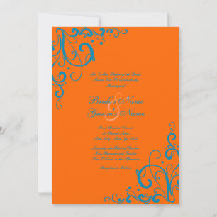 Orange and Blue Flourish Wedding Invitation