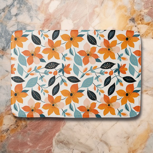 Orange and Blue Foliage and Flowers Bath Mat (Creator Uploaded)
