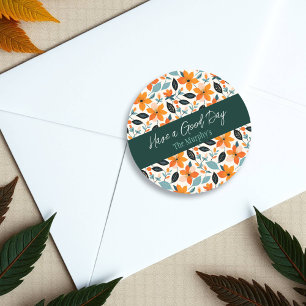 Orange and Blue Foliage and Flowers Personalized Classic Round Sticker