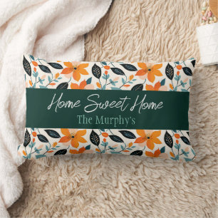Orange and Blue Foliage and Flowers Personalized Lumbar Pillow