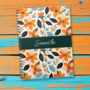 Orange and Blue Foliage and Flowers Personalized Notebook