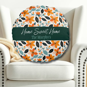 Orange and Blue Foliage and Flowers Personalized Round Pillow