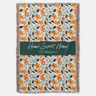 Orange and Blue Foliage and Flowers Personalized Throw Blanket