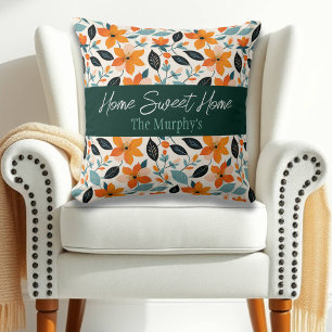 Orange and Blue Foliage and Flowers Personalized Throw Pillow