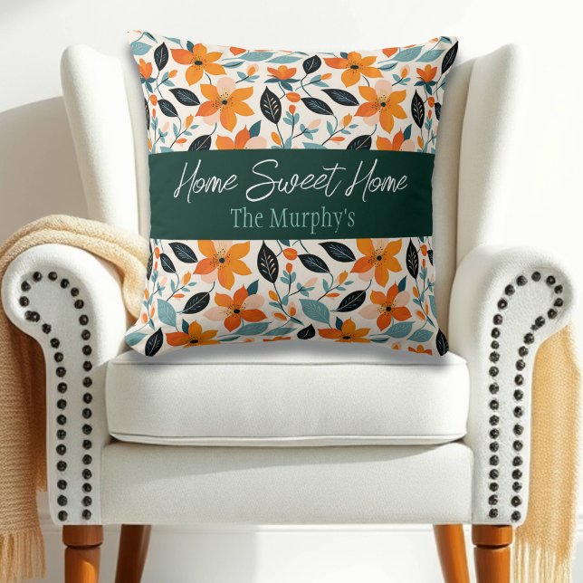 Orange and Blue Foliage and Flowers Personalized Throw Pillow (Creator Uploaded)