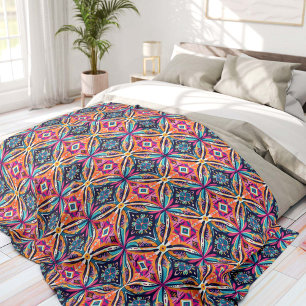 Orange and Blue Geometric Flowers Bohemian Fleece Blanket