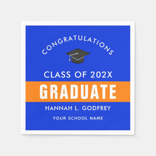 Orange and Blue Graduation Congrats Custom Napkin (Front)
