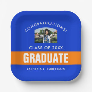 Orange and Blue Graduation Personalized Photo Paper Plate