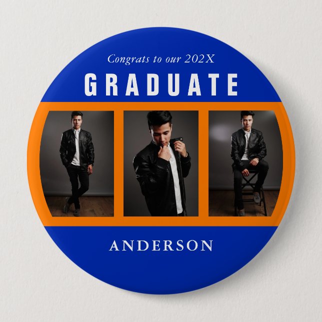 Orange and Blue Graduation Photo Collage 4 Inch Round Button (Front)