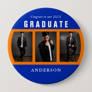 Orange and Blue Graduation Photo Collage 4 Inch Round Button