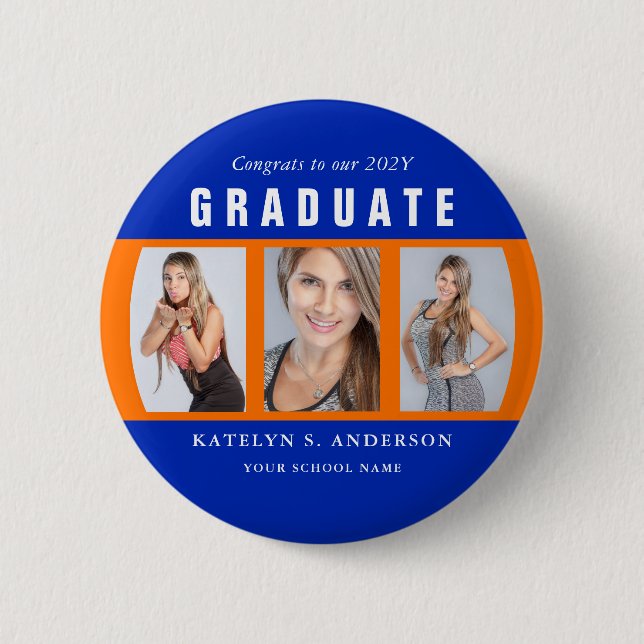 Orange and Blue Graduation Photo Collage Custom 2 Inch Round Button (Front)