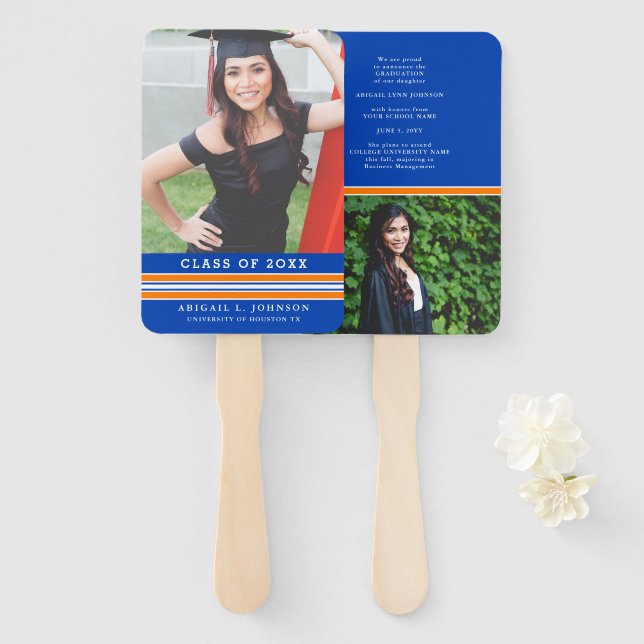 Orange and Blue Graduation Photo Hand Fan (Front and Back)