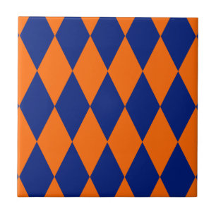 Orange and Blue Harlequin Checkered Design Tile