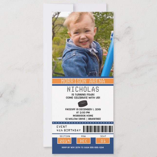 Orange and Blue Hockey Ticket Birthday Invitation (Front)