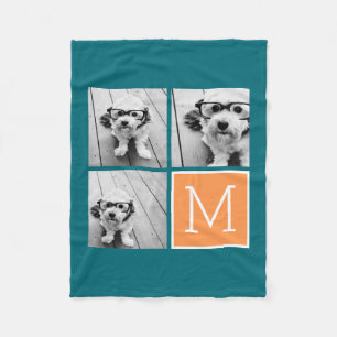 Orange and Blue Instagram Photo Collage Monogram Fleece Blanket