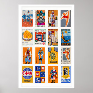Orange and Blue Matchbox Label Collage, high Poster