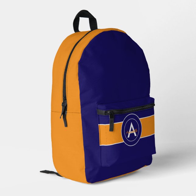 Orange and Blue Monogram Personalized Printed Backpack (Back Corner Left)