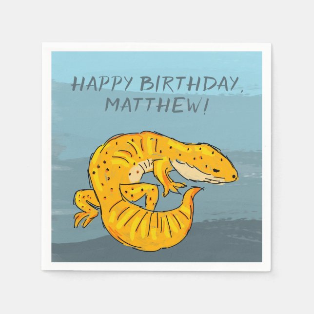 Orange and Blue Personalized Gecko Birthday Party Napkin (Front)