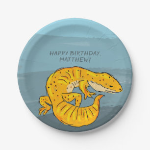 Orange and Blue Personalized Gecko Birthday Party Paper Plate