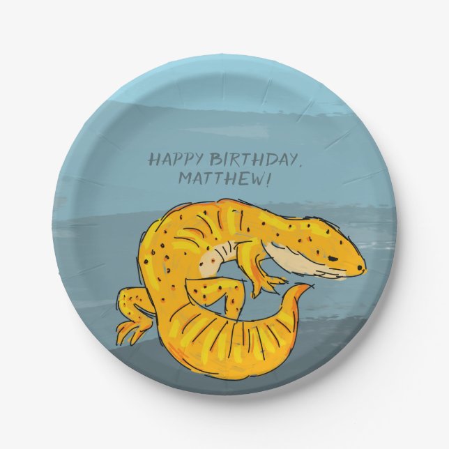 Orange and Blue Personalized Gecko Birthday Party Paper Plate (Front)