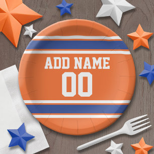 Orange and Blue Personalized Sports Jersey Paper Plate