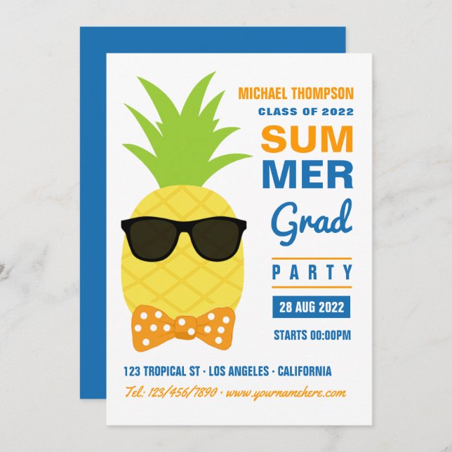 Orange and Blue Pineapple Summer Grad Party Invita Invitation (Front/Back)