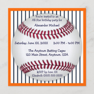 Orange And Blue Pinstripes Baseball Birthday Party Invitation