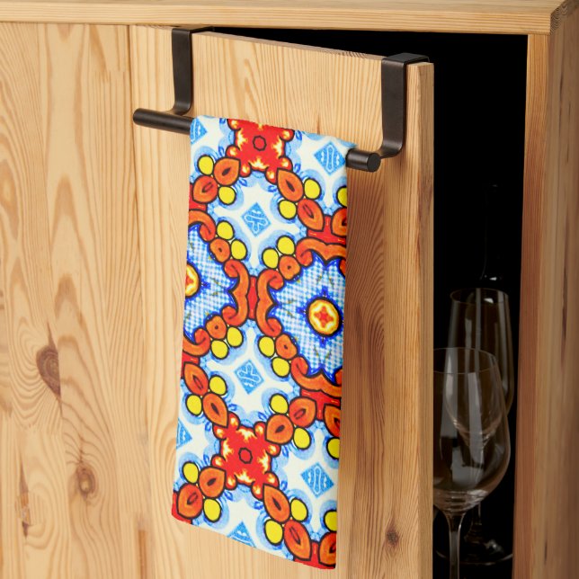 Orange and blue retro tile pattern kitchen towel (Thirds Fold)