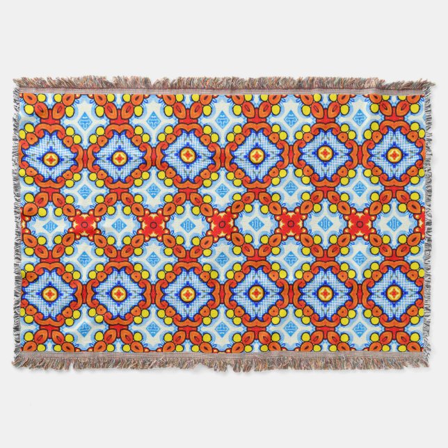 Orange and blue retro tile pattern throw blanket (Front)