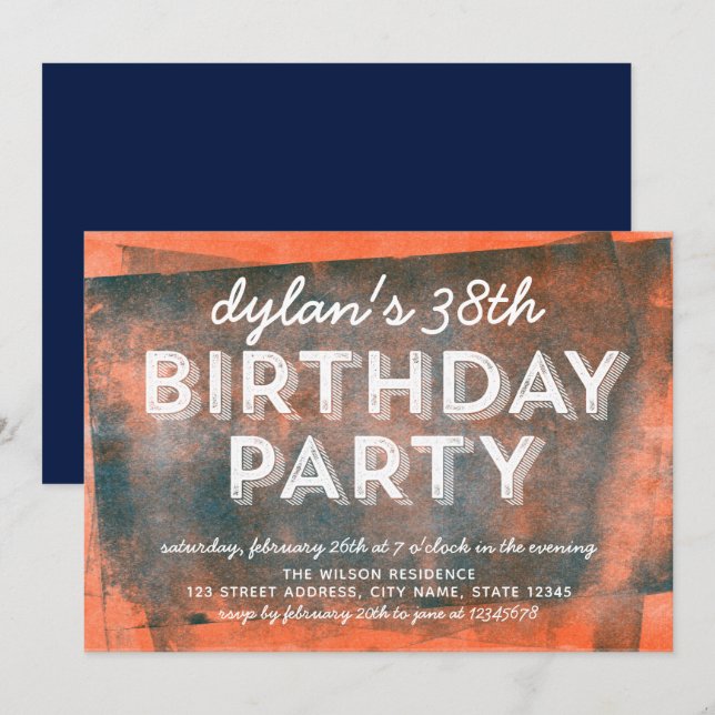Orange and Blue Rolled Ink Any Age Birthday Invitation (Front/Back)