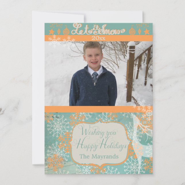 Orange and Blue Snowflakes Photo Holiday Card (Front)