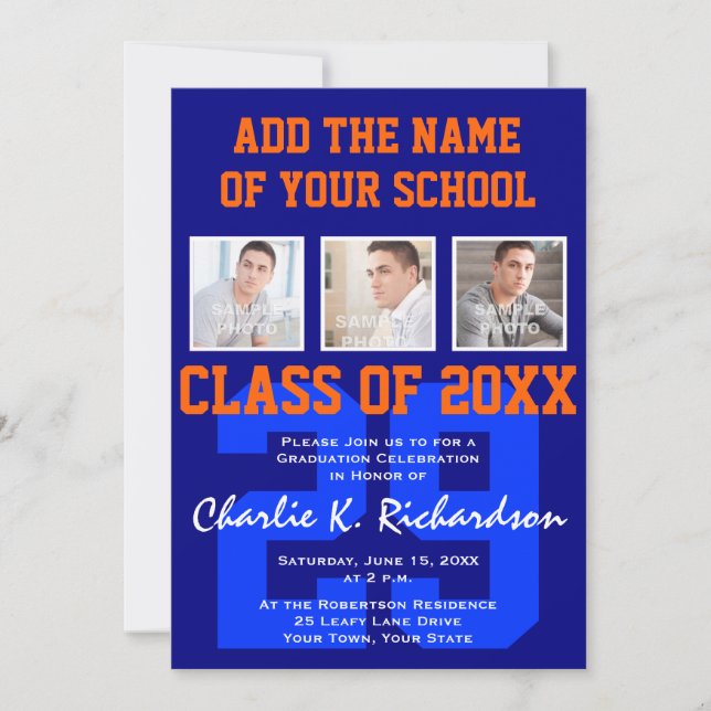 Orange and Blue Team Colours Sports Graduation Invitation (Front)