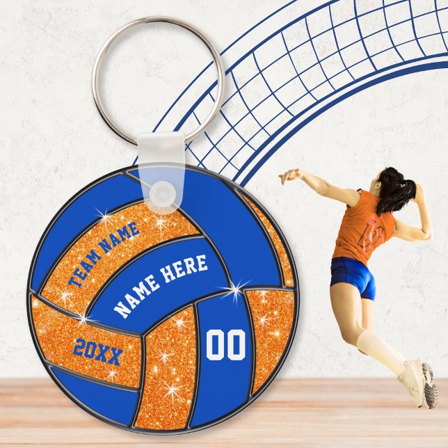 Orange and Blue Volleyball Team Gifts Personalized Keychain (Blue and Orange, personalized volleyball souvenirs. Cheap volleyball team gifts. Volleyball goodies.)