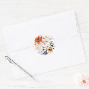 Orange and blue watercolor fall floral wedding  classic round sticker