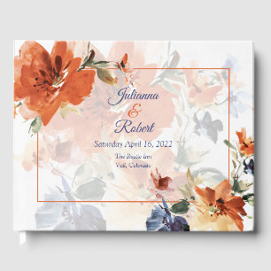 Orange and blue watercolor fall floral wedding guest book