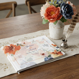 Orange and blue watercolor fall floral wedding  guest book