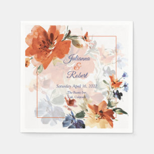 Orange and blue watercolor fall floral wedding  napkin