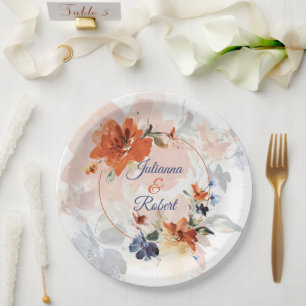 Orange and blue watercolor fall floral wedding paper plate