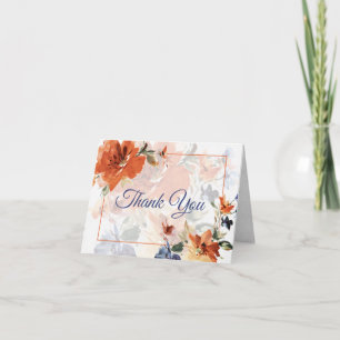 Orange and blue watercolor fall floral wedding thank you card