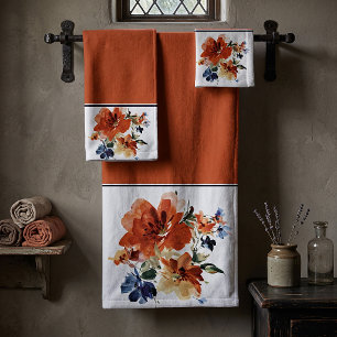 Orange and blue watercolor floral  bath towel set