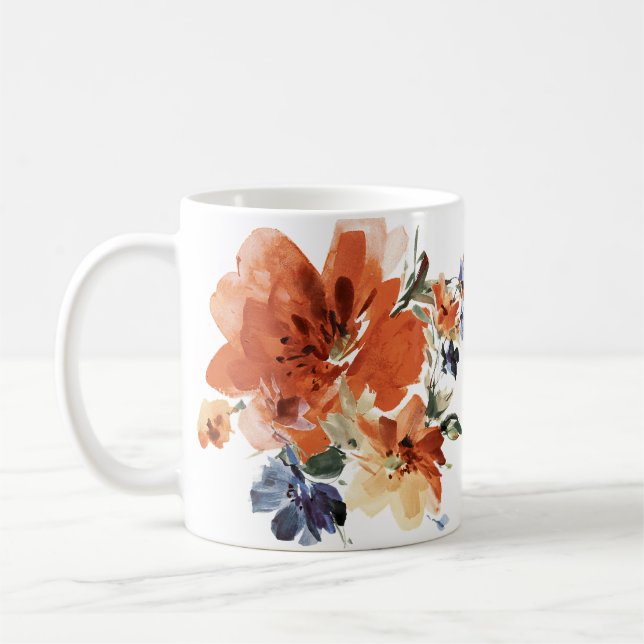 Orange and blue watercolor floral  coffee mug (Left)