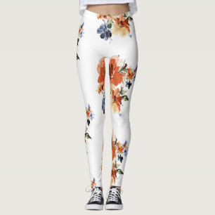 Orange and blue watercolor floral leggings