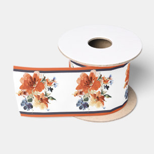 Orange and blue watercolor floral   satin ribbon
