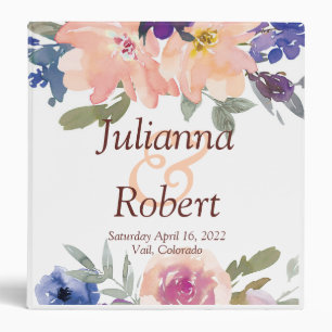 Orange and blue watercolor floral  wedding  3 ring binder