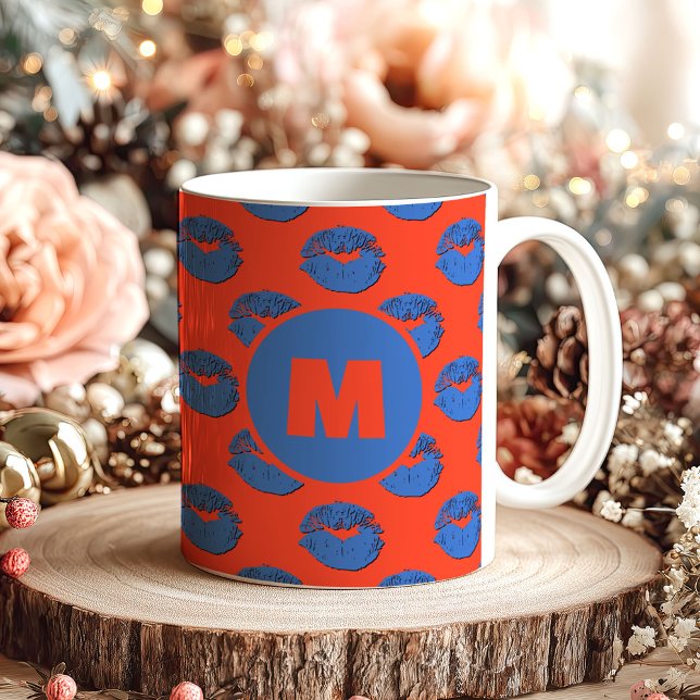 Orange and Blue XOXO Kissing Lips Personalized Coffee Mug (Creator Uploaded)