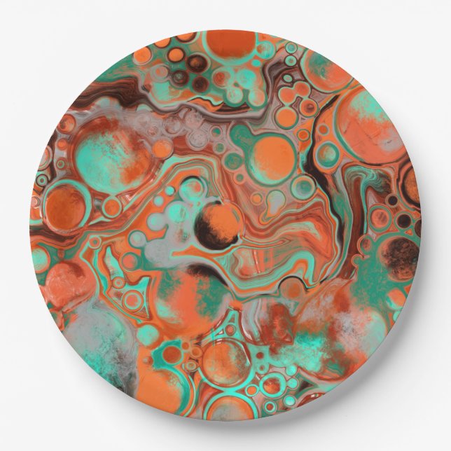 Orange and Brown Abstract Art Birthday Party Paper Plate (Front)